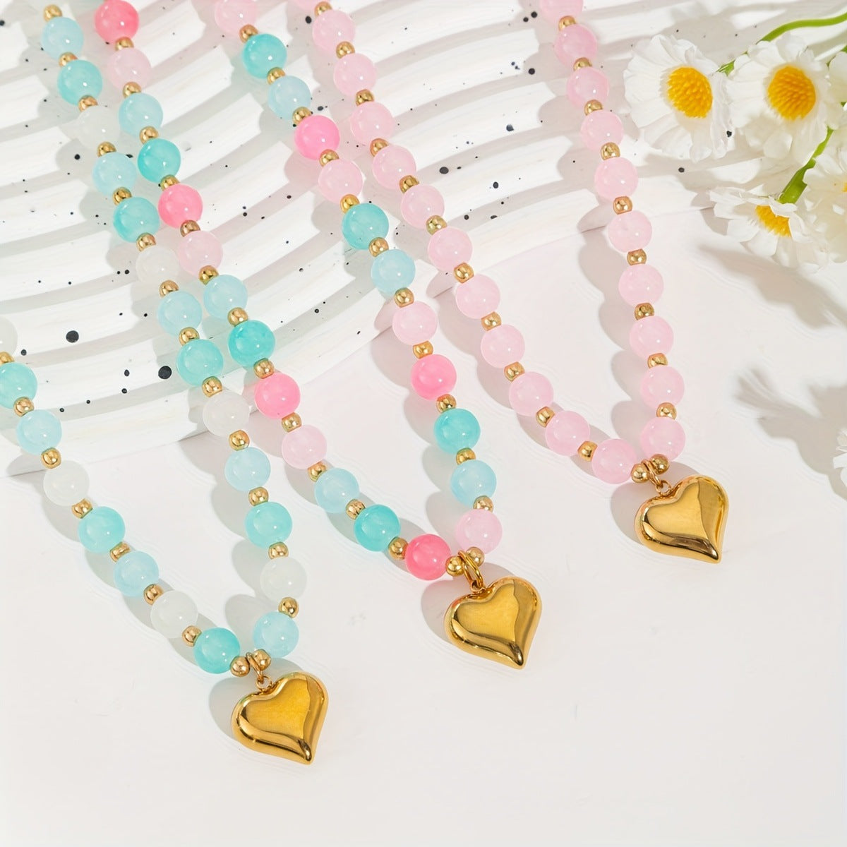 Wholesale Pink Heart Glass Beaded Necklace Fashion Jewelry Accessory For Wedding Proposal Gift