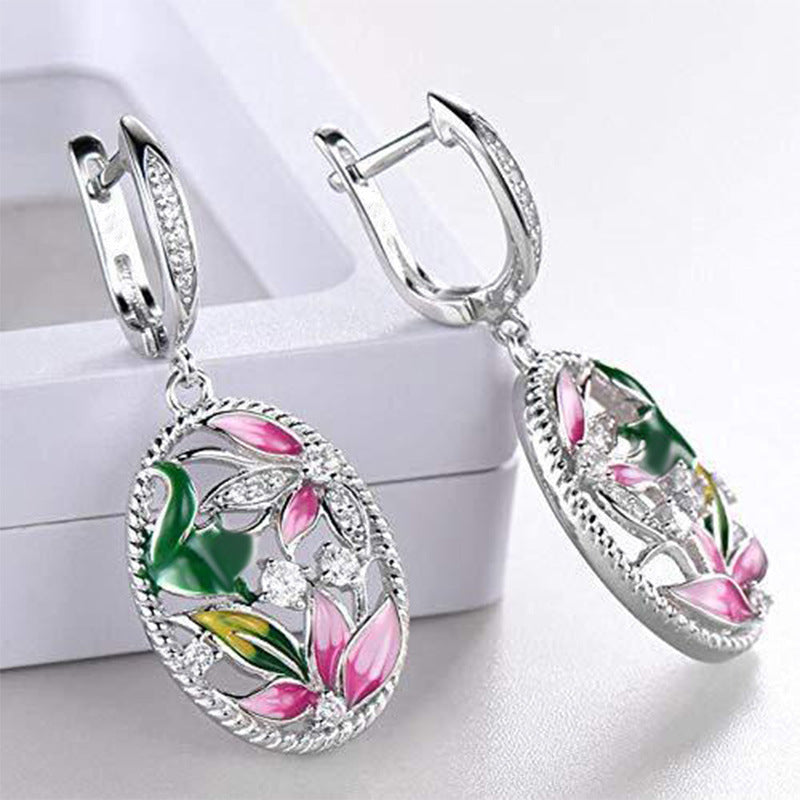 Wholesale Epoxy Oval Flower Enamel Diamond Valentine's Day Earrings