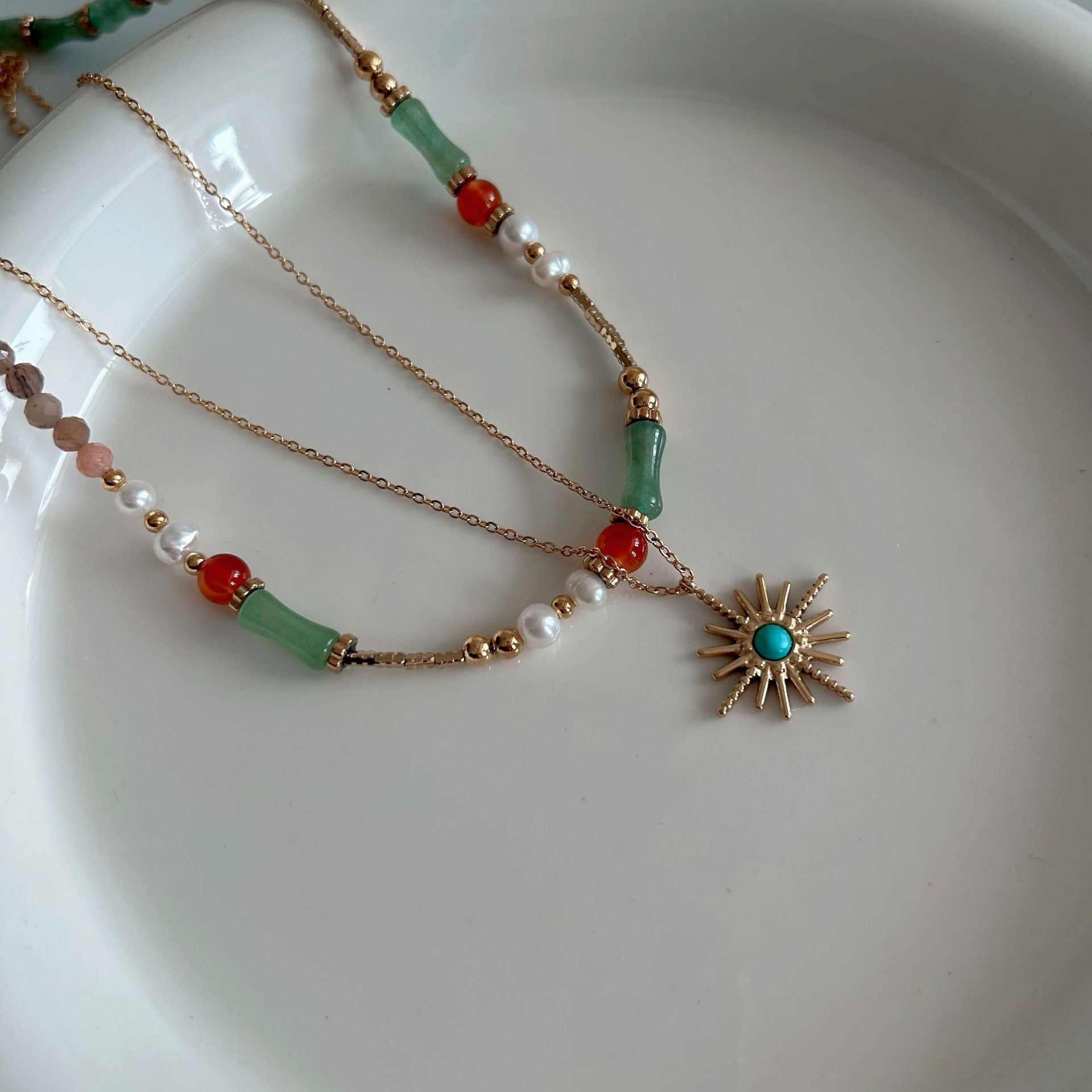 Wholesale Stainless Steel  Colorful Natural Stone Pearl Stone Rice Beaded Necklace