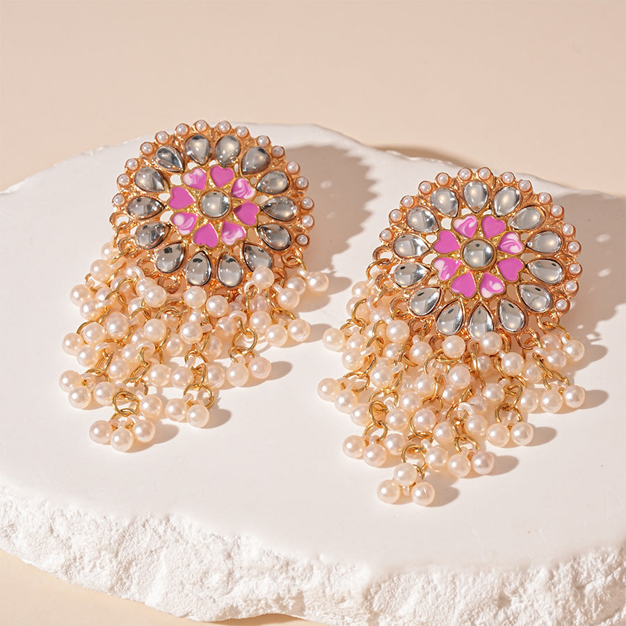 Wholesale Exaggerated Acrylic Round Pearl Tassel Silver Pin Earrings