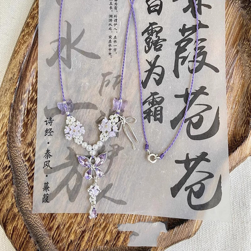 Wholesale Wisteria flower purple butterfly tassel braided necklace