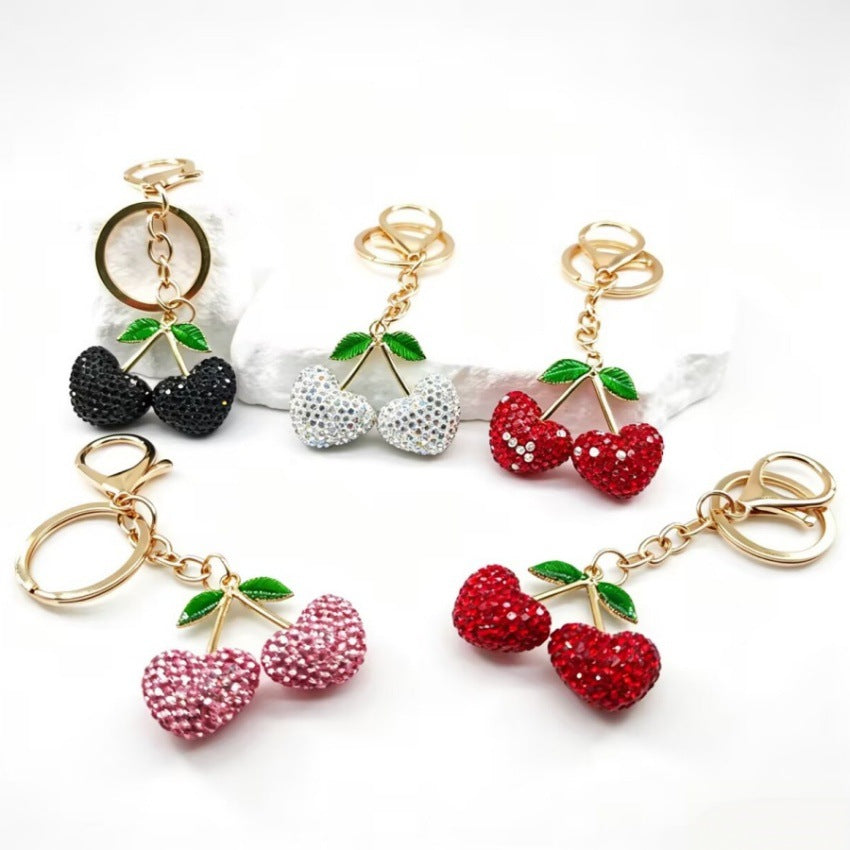 Wholesale 3D Rhinestone Cherry Heart Keychain Charm Creative Car Key Bag Pendant Decorative Accessory