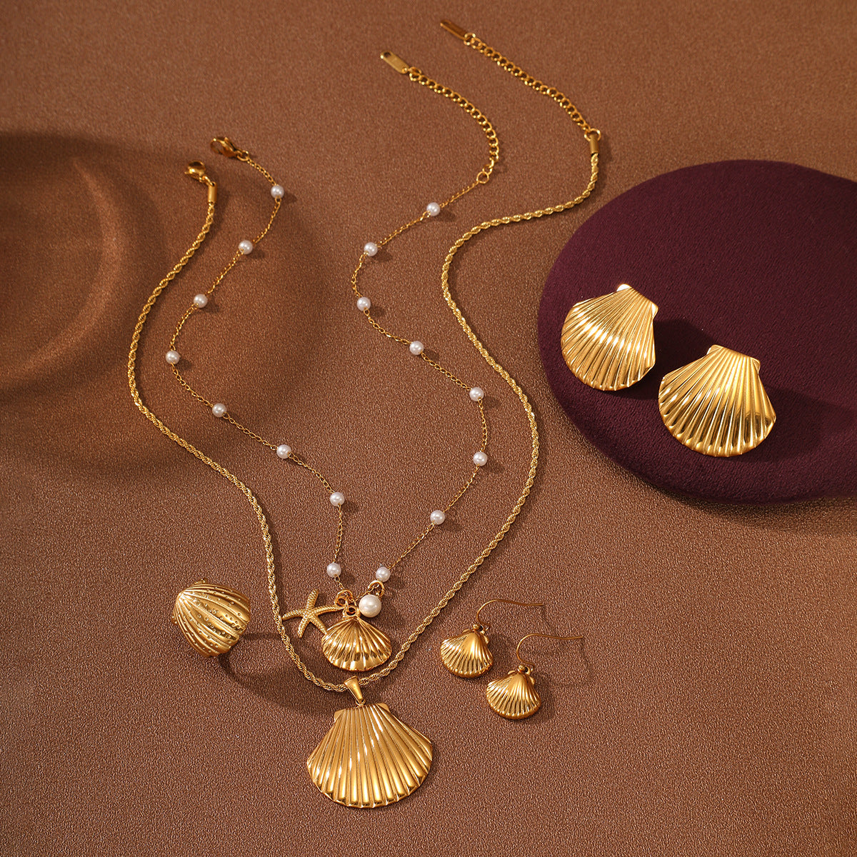 Wholesale marine shell Pearl stainless steel necklace suit