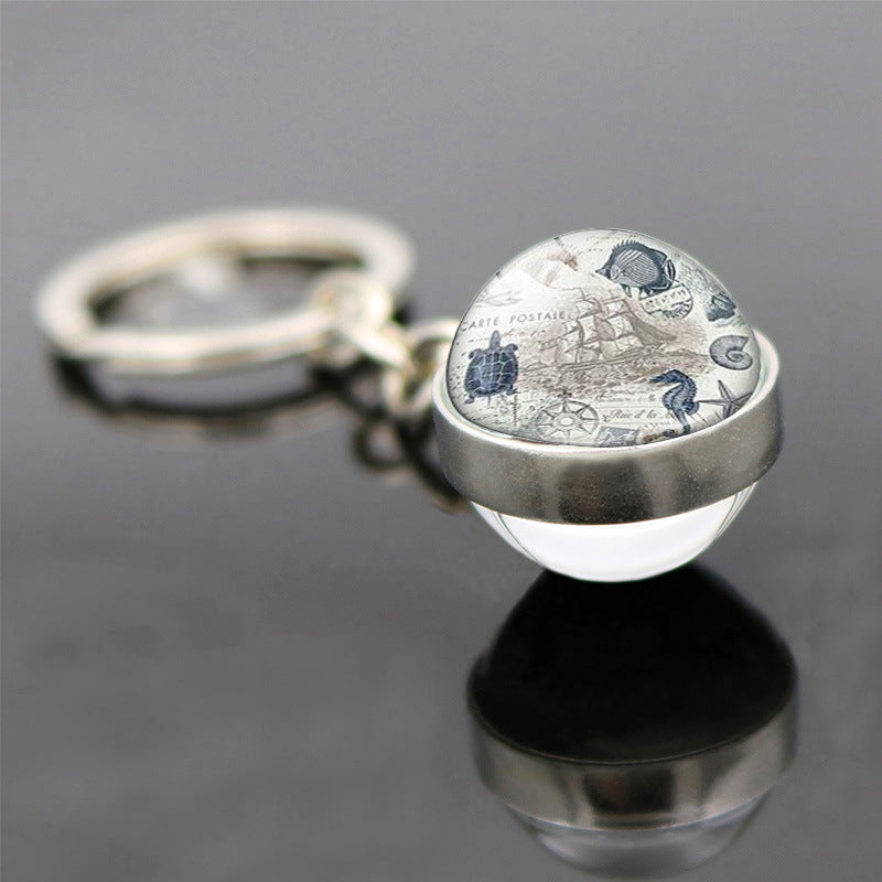 Wholesale Retro Starfish Turtle Marine Life Double Sided Glass Ball Keychain ACC-KC-JiaYun003