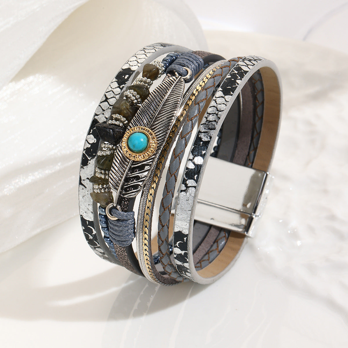 Wholesale Unisex Bohemian Faux Leather Feather Magnetic Bracelet Business Gift Jewelry Accessory