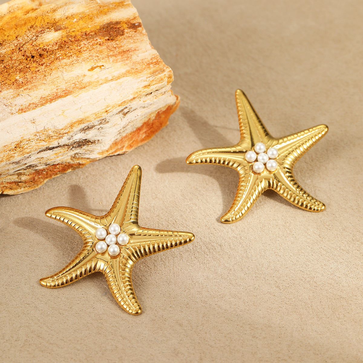 Wholesale Stainless Steel Starfish Pearl Earrings Ring Necklace suit