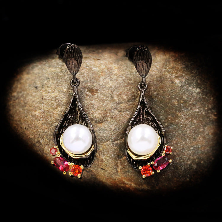 Wholesale  Pearl Flower black gold ring necklace earrings three-piece set  jewelry