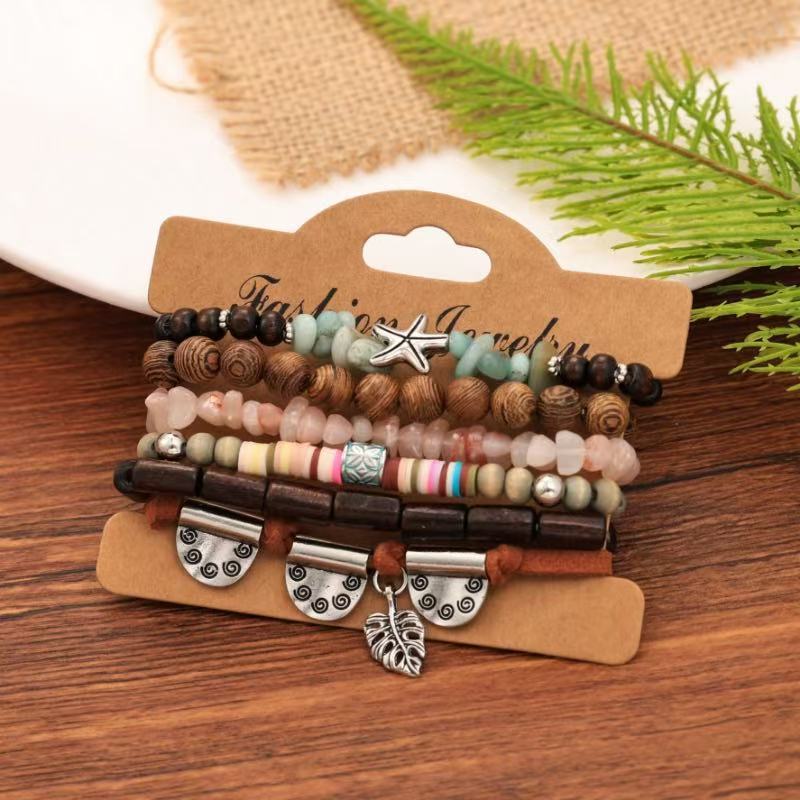 Wholesale Bohemian  Shell Wood Beads Beaded Soft y Pearl Stone Leather Bracelet