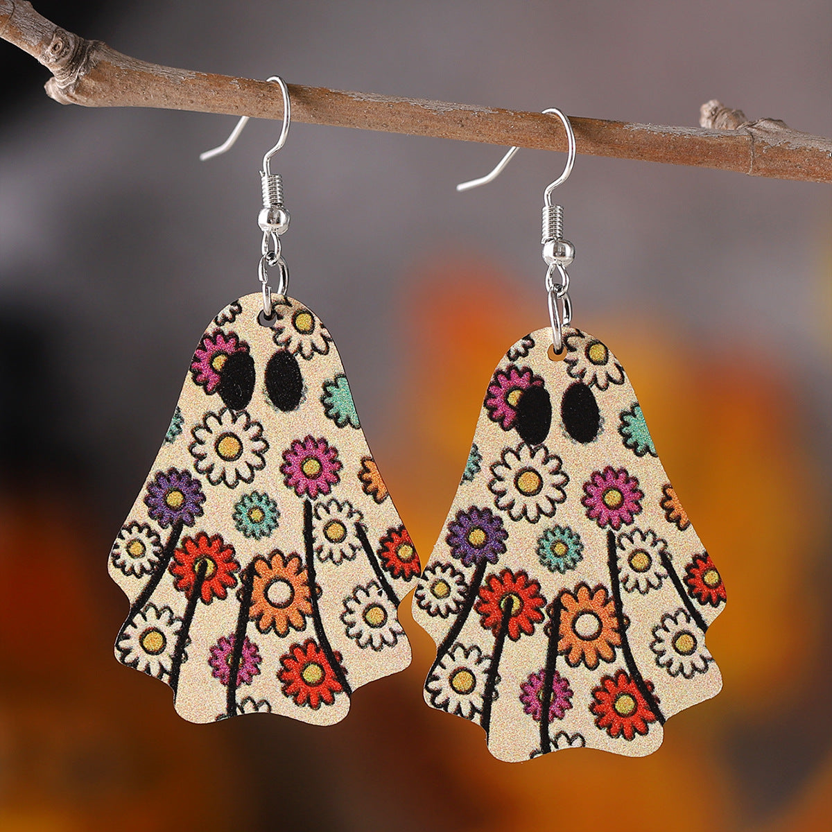 Wholesale Halloween Gothic Style Cute Ghost Flower Wooden Double Sided Earrings ACC-ES-ChuLian060