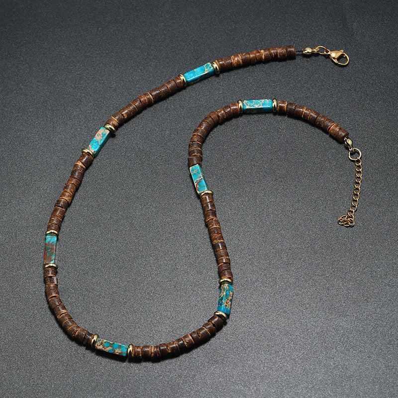Wholesale Vintage Bohemian Summer Brown nut Shell Wood Bead Natural Stone Necklace for Men