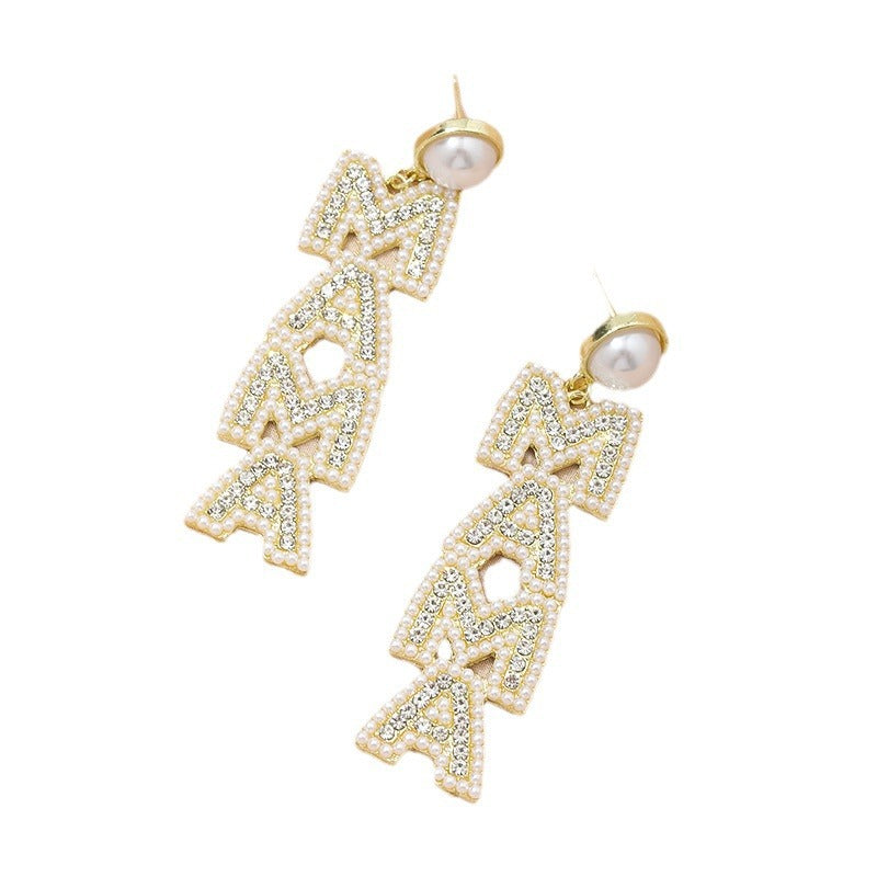 Wholesale Mother's Day Creative Letter Alloy  Diamond-inlaid Pearl Earrings