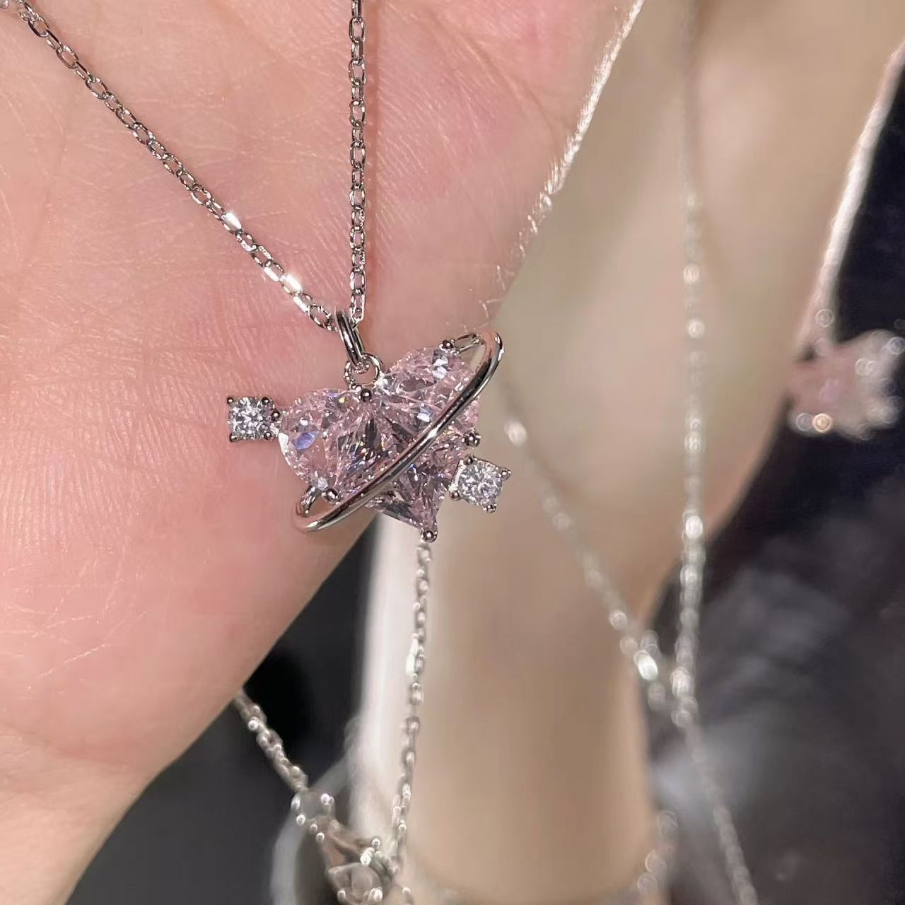 Wholesale Trendy Electroplated Alloy Heart Love Planet Pendant Necklace For Women Birthday Gift Resale