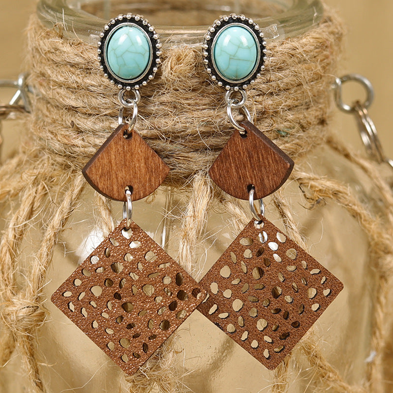 Wholesale Western Distressed Bohemian Geometric Stitching Turquoise Earrings