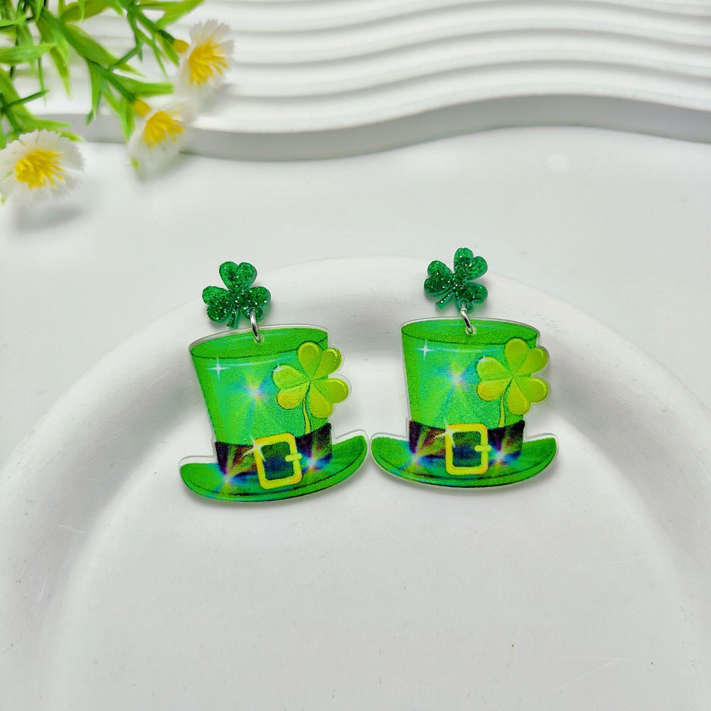 Wholesale 10pcs St. Patrick's Day Acrylic Glitter Green Hat Clover Earrings