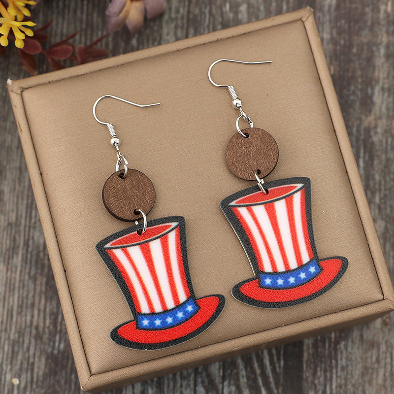 Wholesale Magic Hat Printed US Flag Acrylic Splicing Wood Pieces  Independence Day Earrings