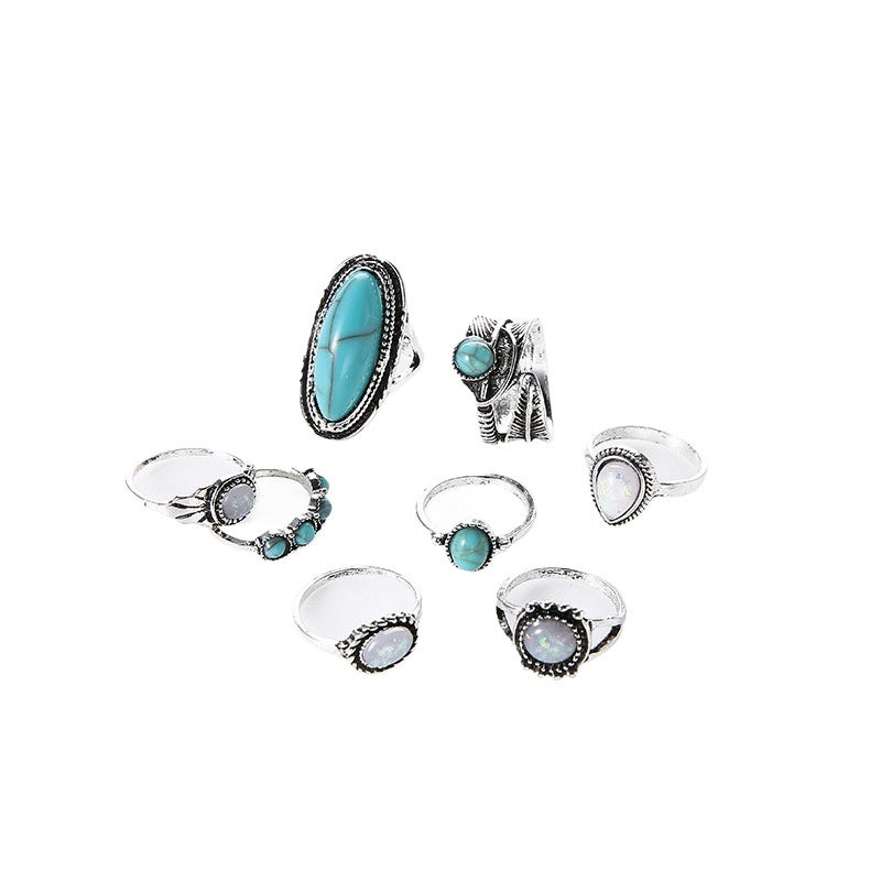 Wholesale Retro Set Turquoise Feather Ring Set