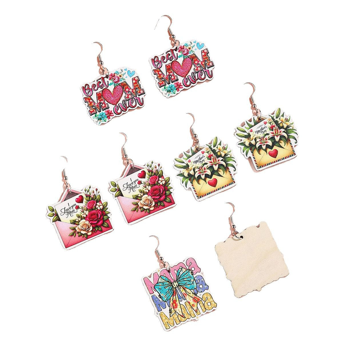Wholesale  Mother's Day Wooden Earrings Cartoon Envelope Flower Love Earrings