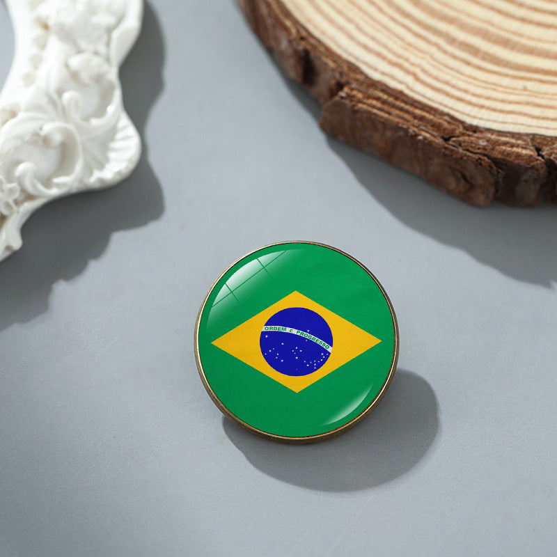 Wholesale National flag round time gem alloy brooch badge chest buckle
