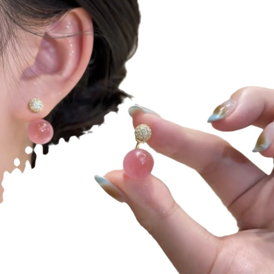 Wholesale Pink Cat's Eye Front and Back Silver Needle Earrings