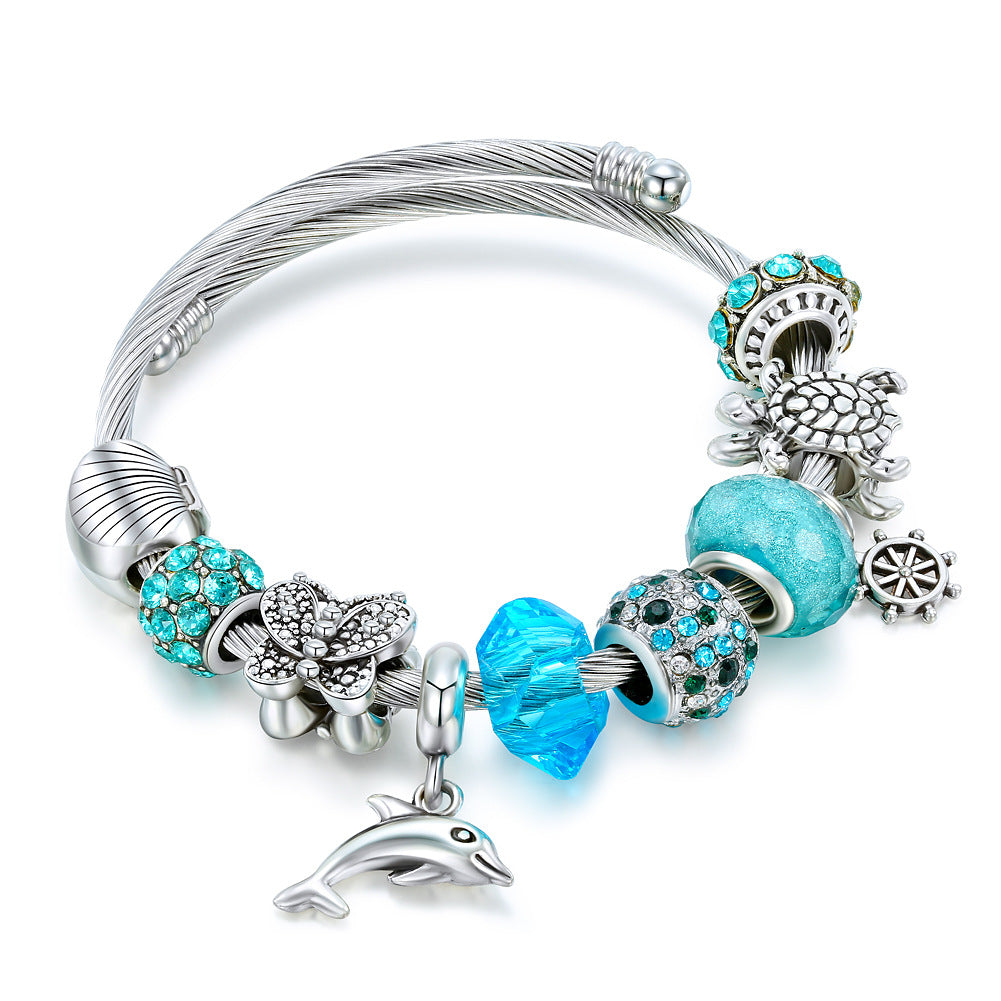 Wholesale Titanium Steel Starfish turtle bracelet blue crystal marine series