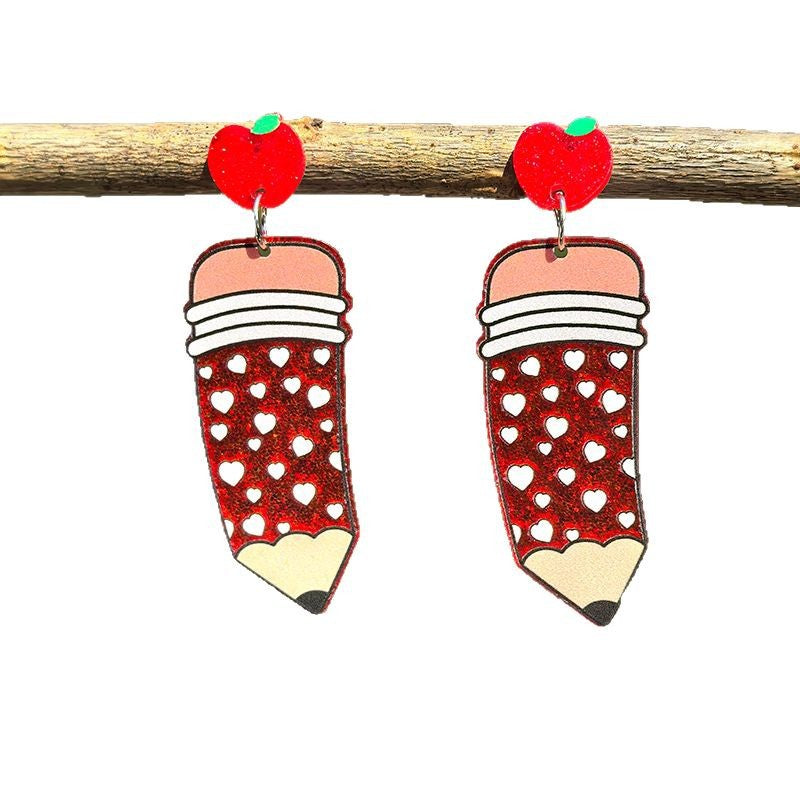 Wholesale  Teachers' Day Acrylic Earrings Pencil Apple Books Single-sided Glitter Earrings