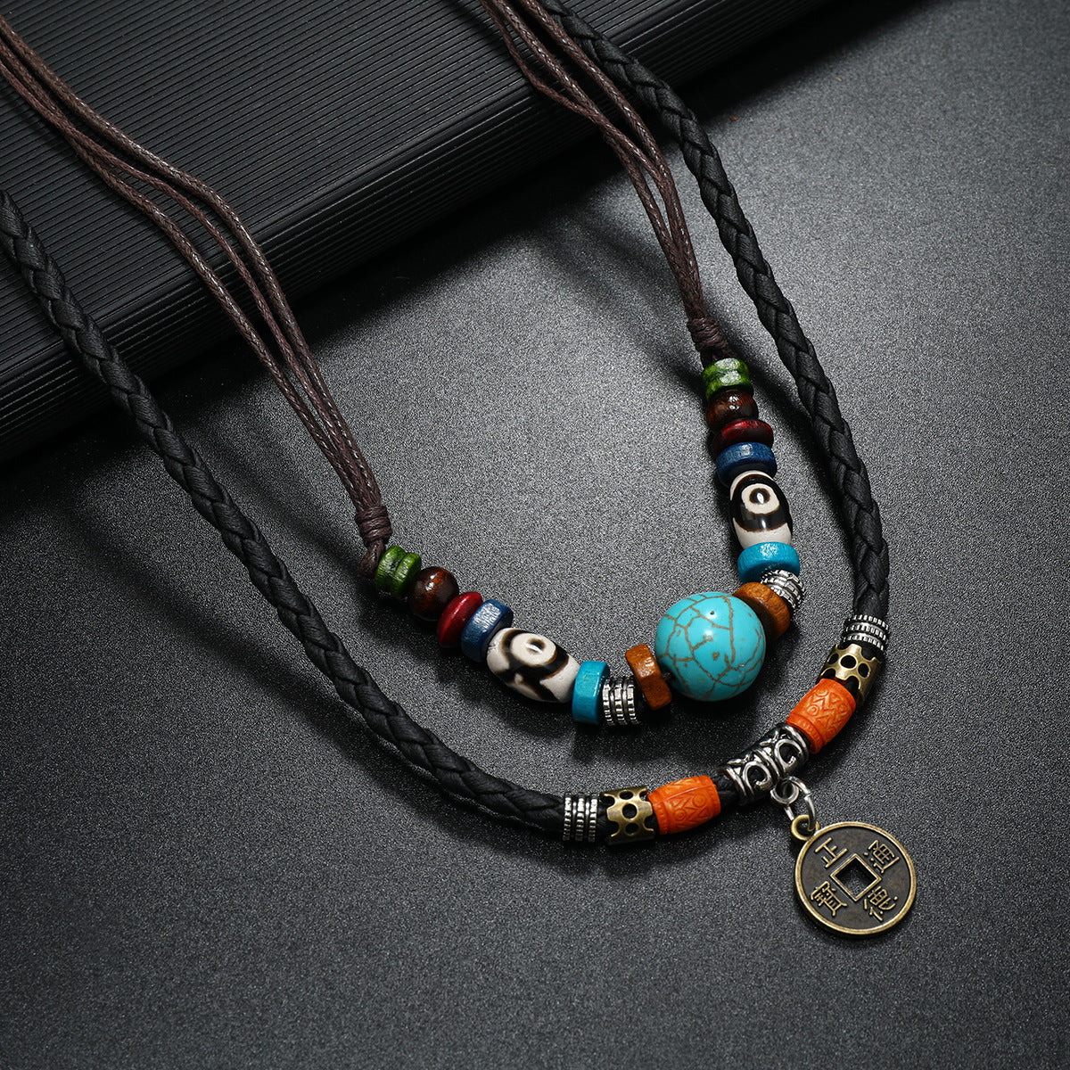 Wholesale Vintage Retro Multi Layer Turquoise Bead Woven Leather Necklace With Alloy Coin Pendant For Men Handmade Fashion Accessory