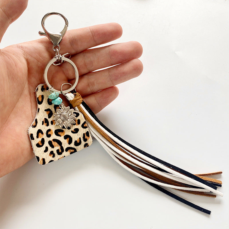 Wholesale Western Style Leopard Fringe Pinestone Sunflower Keychain ACC-KC-HY011