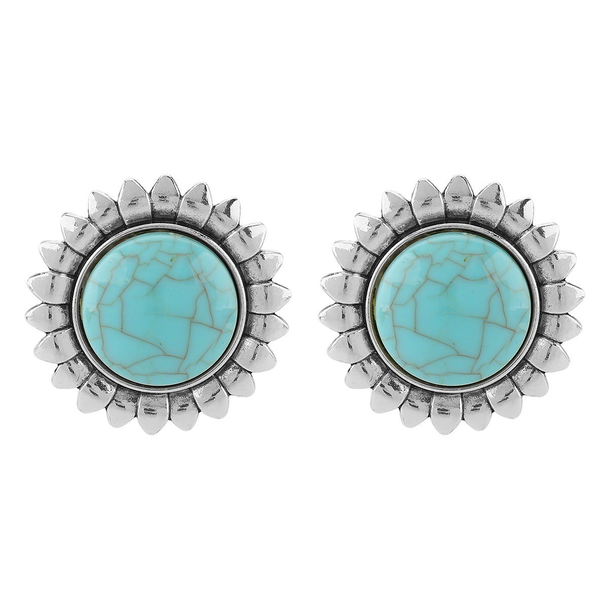 Wholesale  round turquoise inlaid flowers metal earrings collar light luxury necklace stud earrings