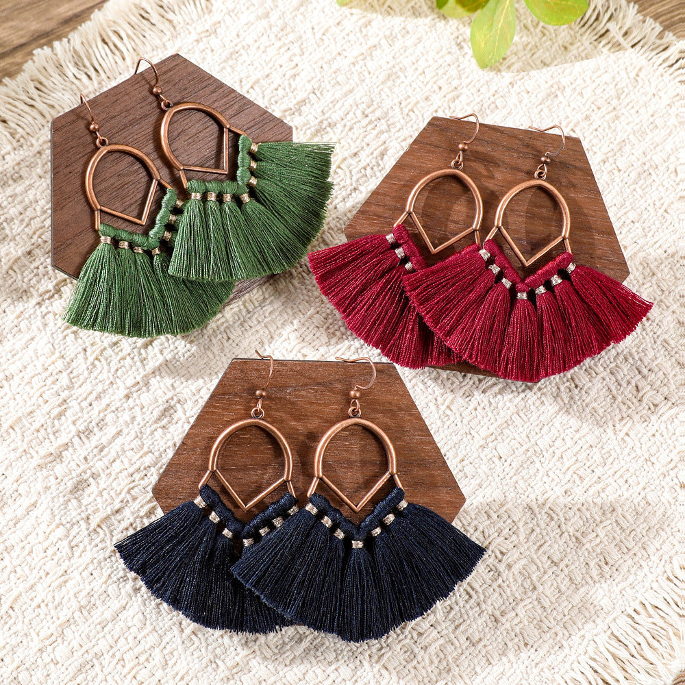 Wholesale Bohemian Fan Shaped Long Tassel Earrings