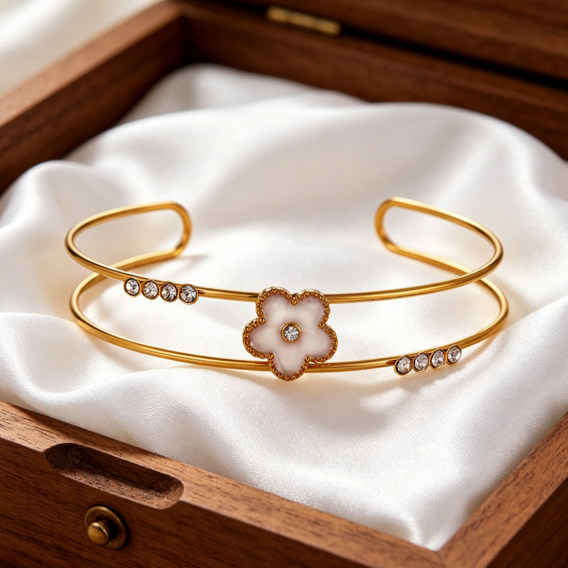 Wholesale Stainless Steel Electroplated Flower Open Cuff Bracelet - Trendy Boutique Resale Jewelry
