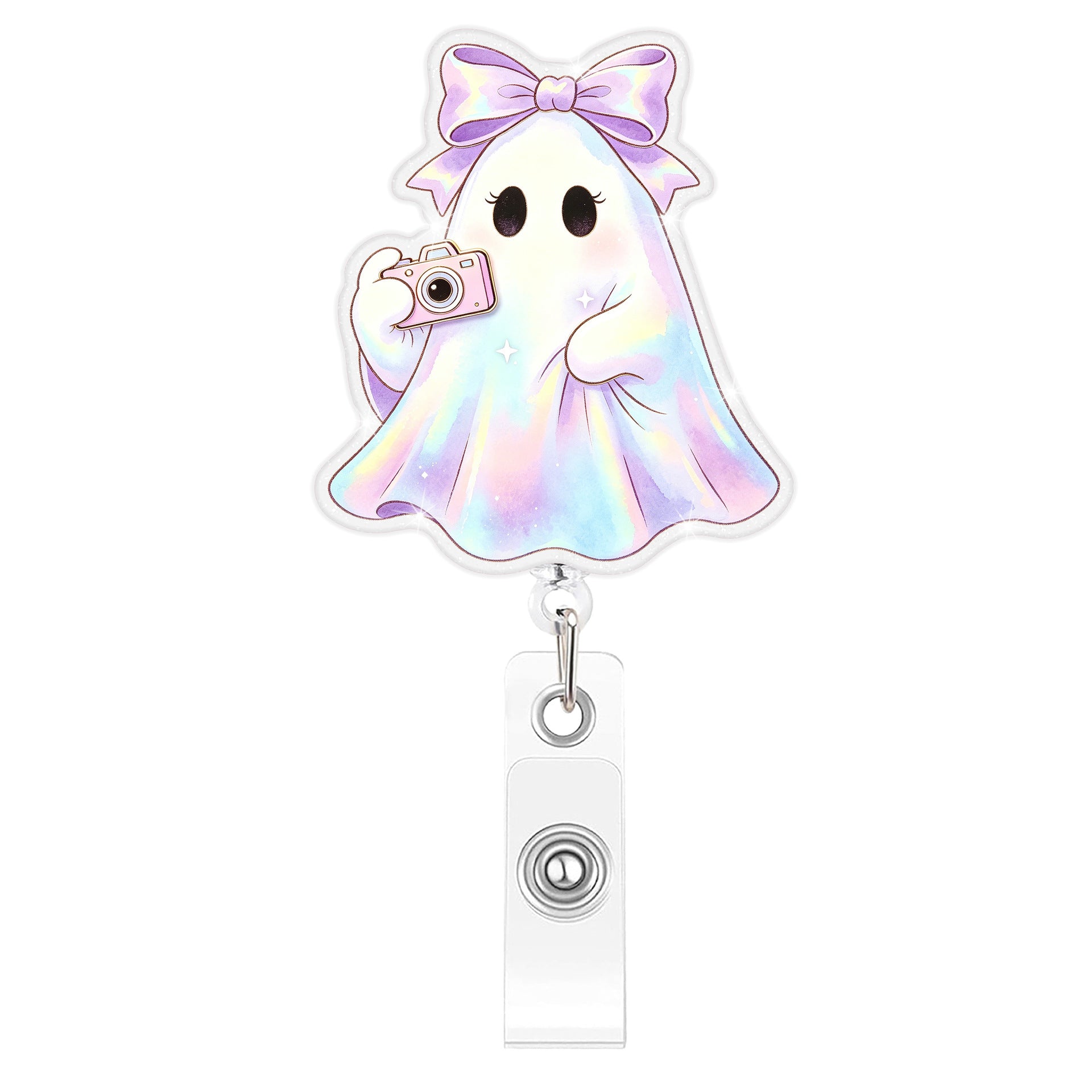 Wholesale Trendy Glitter Boo Ghost Retractable Badge Reel Plastic Car Key Accessory With Gradient Finish Decorative Party Gift