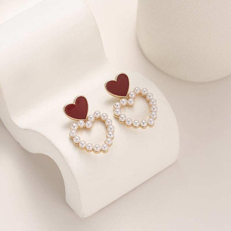Wholesale Oil Drop Hollow Love Pearl Earrings