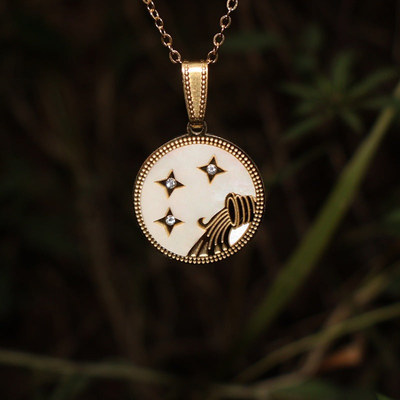 Wholesale Zodiac Diamond Round Shell Stainless Steel Pendant Necklace 18K Gold Plated