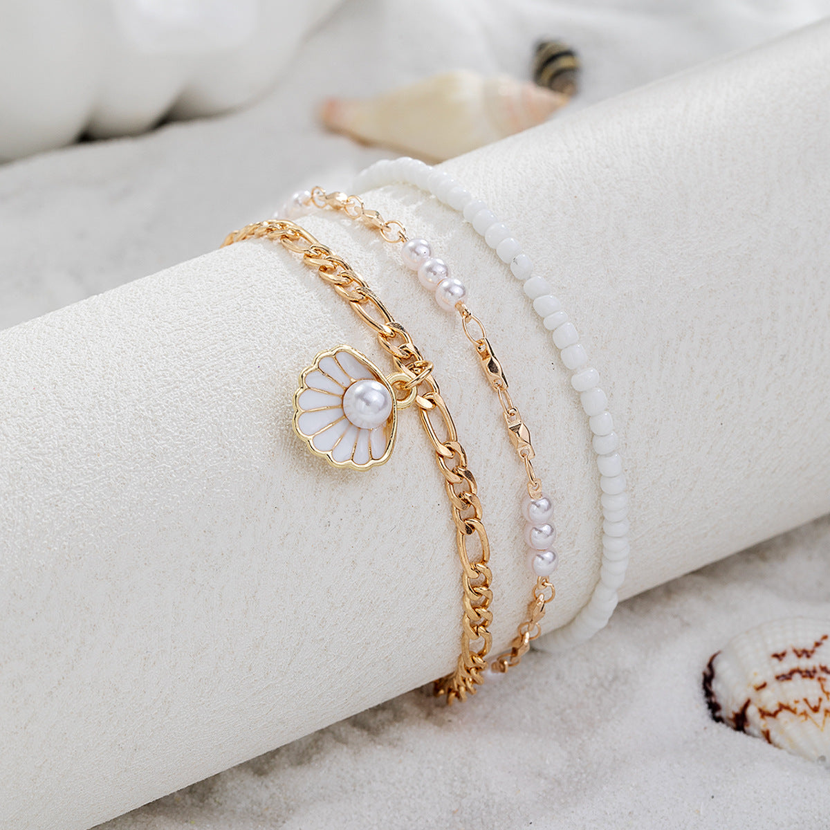 Wholesale alloy scallop pearl pendant rice beads elastic  anklet