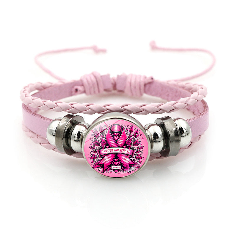 Wholesale Pink Ribbon Breast Consciousness Pink Leather Bracelet