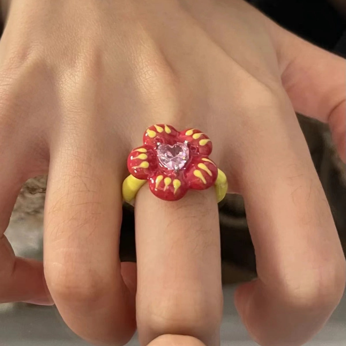 Wholesale  pink love zircon flower drop glaze ring