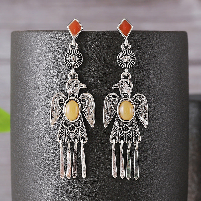 Wholesale Retro Ethnic Bird Earrings For Women Ancient Silver Alloy With Gemstone Accent Fashion Jewelry Accessory For Gift And Boutique Resale