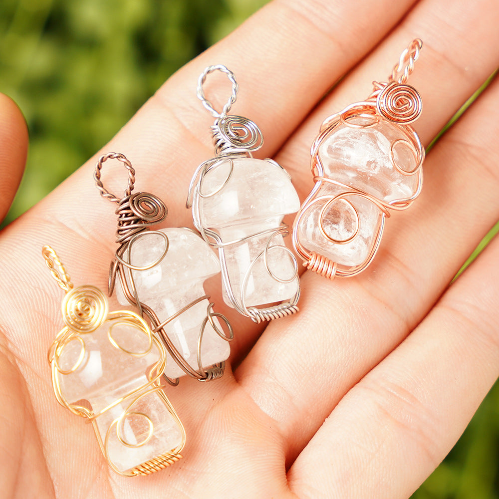 Wholesale Natural Crystal Mushroom Pendant Handmade Silk Cute Little Mushroom Crystal Mesh Bag Necklaces ACC-NE-RongGuan014