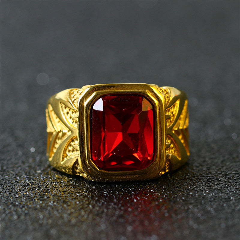 Wholesale Chic Red Rhinestone Gold Ring Men' s Minimalist Fashion Accessory Gift Idea
