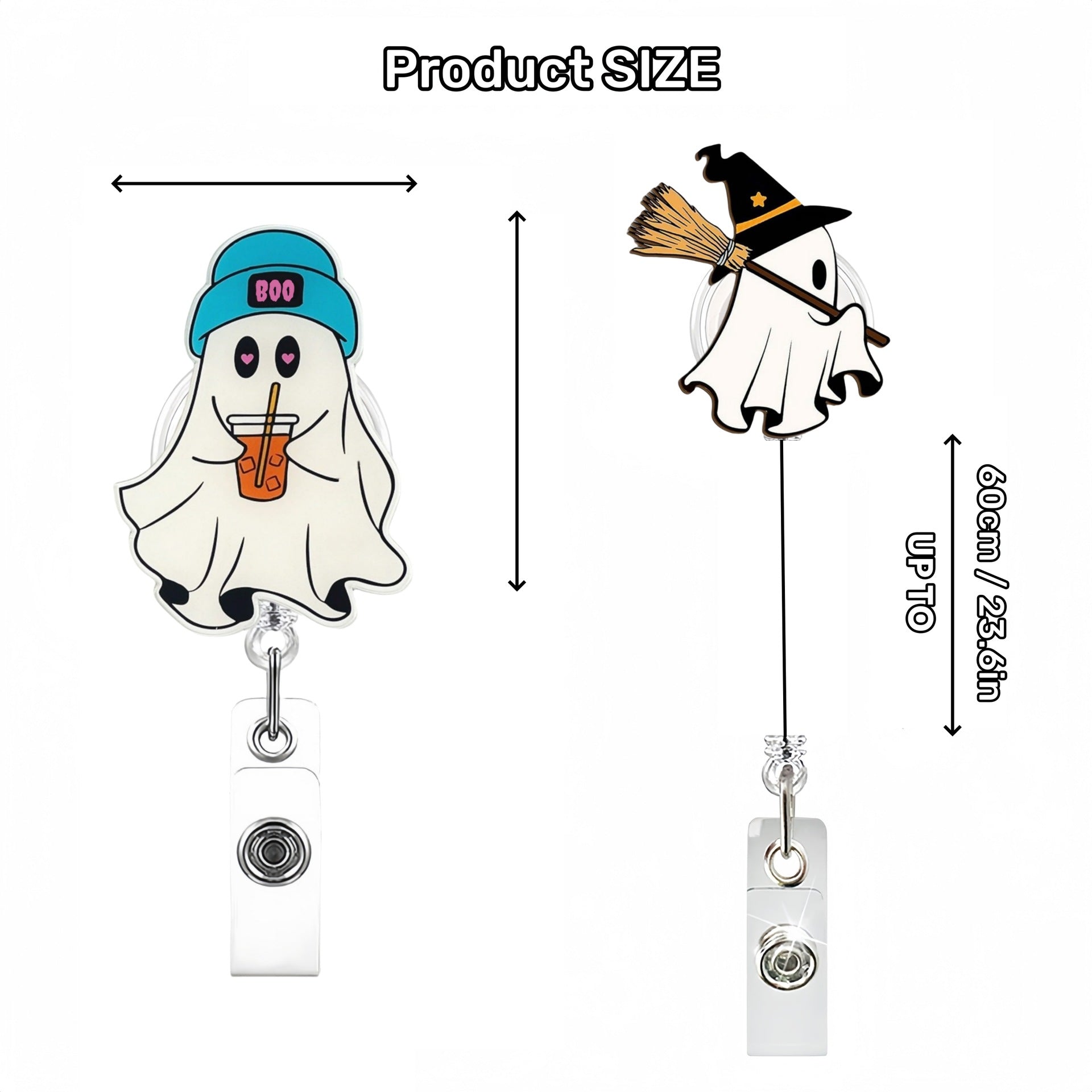 Wholesale Cute White Ghost Retractable Badge Reel with B. O. O.  Design,  Acrylic ID Holder for Nurse Doctor,  Gift