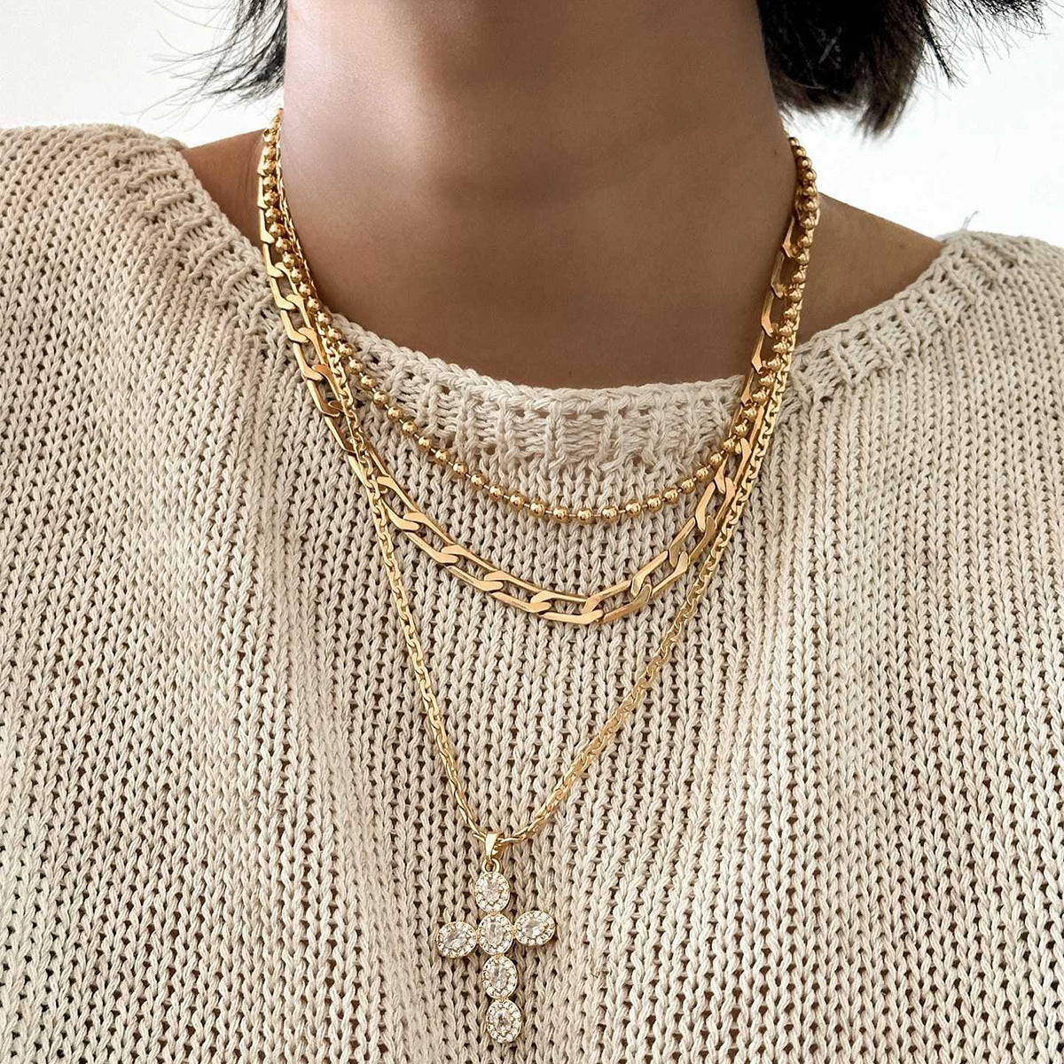 Wholesale Double Layer Cuban Chain Cross Pendant Necklace Zinc Alloy Electroplated Hip Hop Style Fashion Accessory for Men