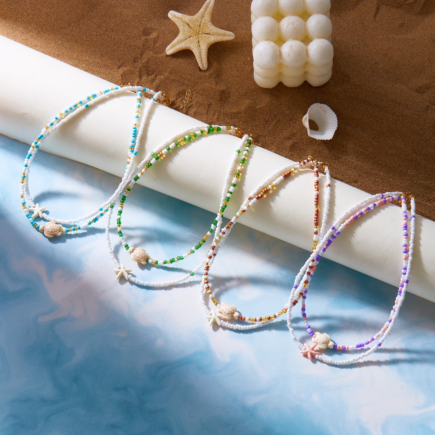 Wholesale  double-layer starfish turtle rice beads short necklace