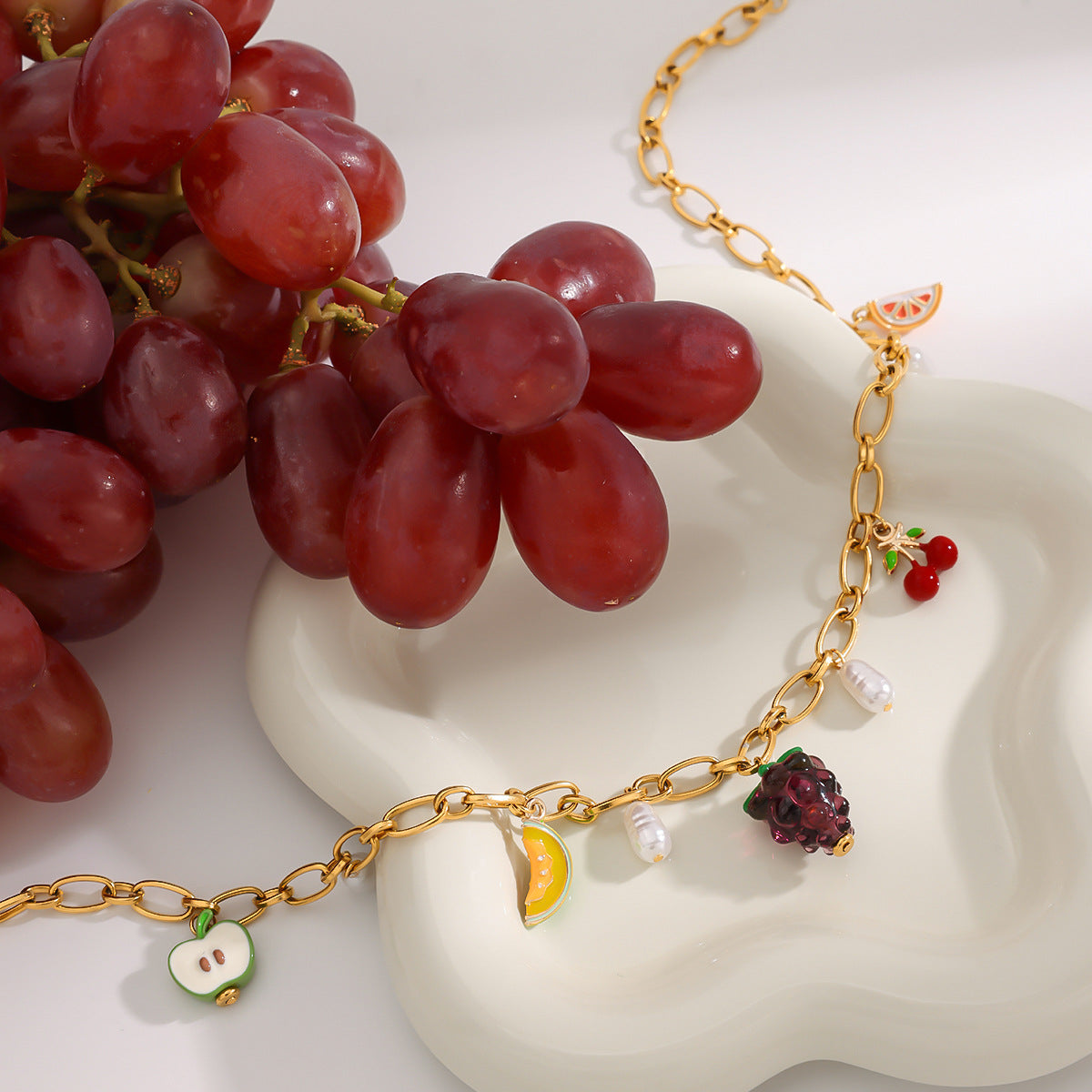 Wholesale  18K gold stainless steel pearl oil drop grape pendant necklace