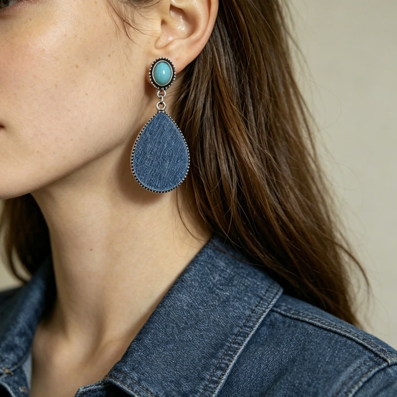 Wholesale Leather Vintage Western Bohemian Drop Earrings Turquoise Print Women' s Jewelry Accessory