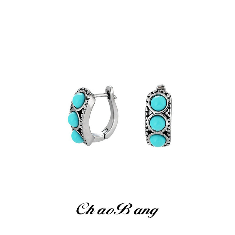 Wholesale Stylish Inlaid Imitation Turquoise Earrings Vintage Ethnic Style Copper Electroplated Jewelry Accessory for Men