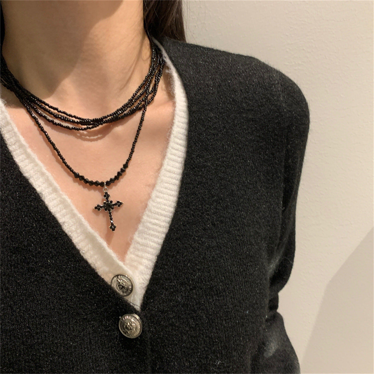 Wholesale  Shiny Rhinestone Cross Woven Rice Bead Multi-Layer Necklace