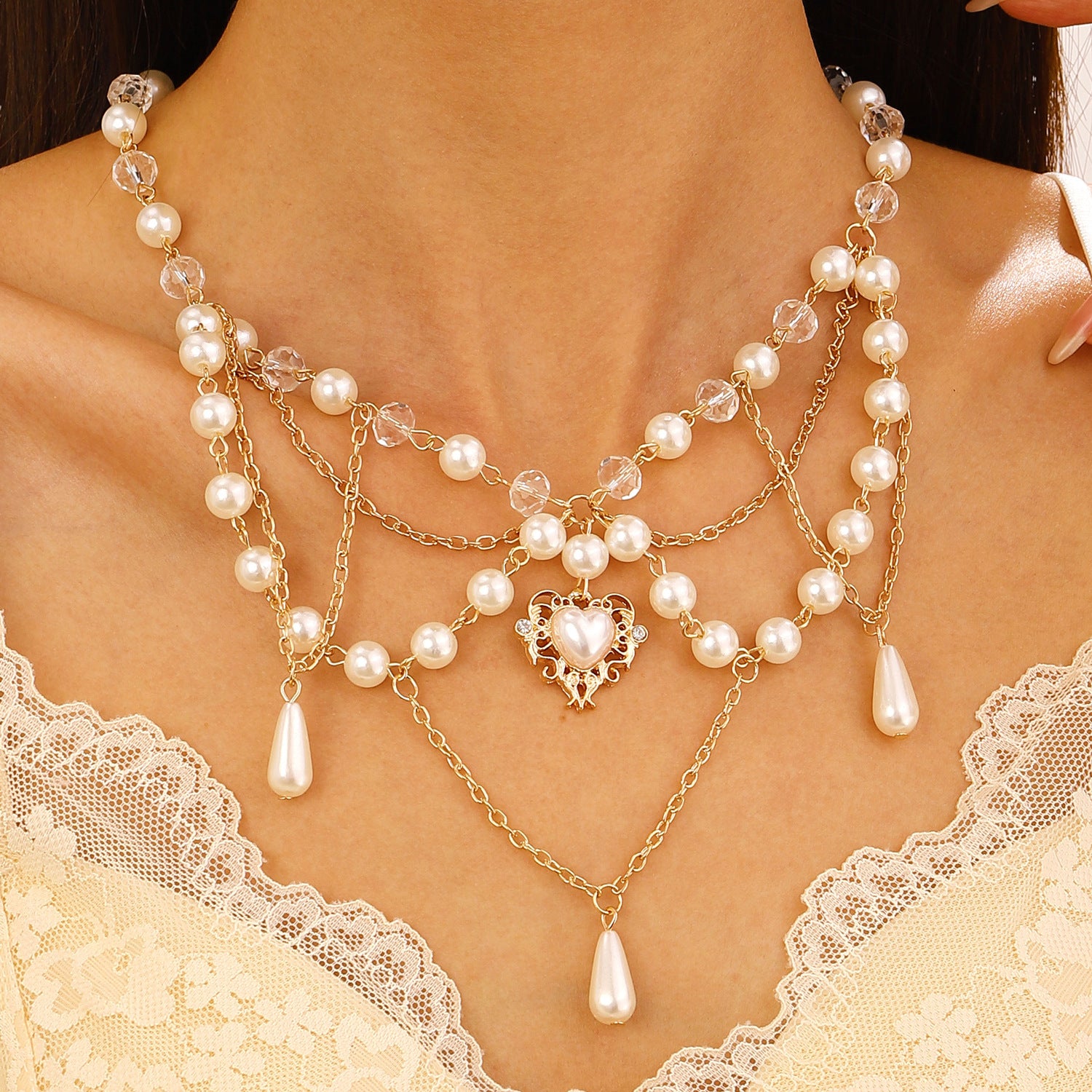Wholesale Fashion Layered Imitation Pearl Cross Heart Butterfly Necklace Alloy Jewelry for Women