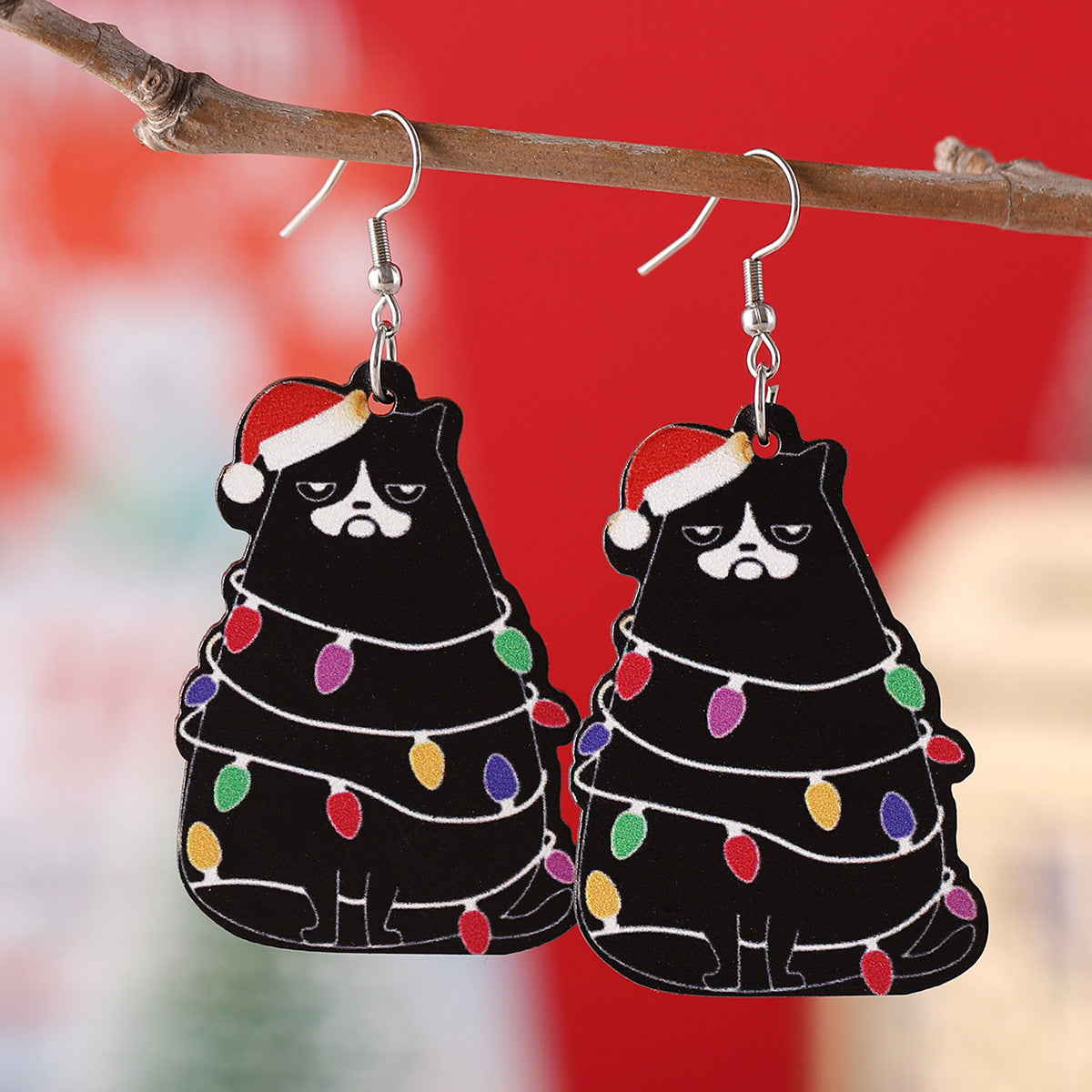 Wholesale Christmas Lantern Black Cat Christmas Tree Pendant Earrings Wooden