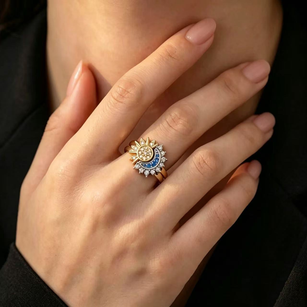 Wholesale Sun and Moon Couple Ring,  Light Luxury Style,  Copper Zircon,  Adjustable Open Ring,  Boutique Resale