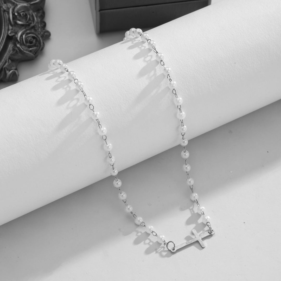 Wholesale Electroplated Alloy Cross Pearl Necklace European Style Women' s Jewelry Accessory